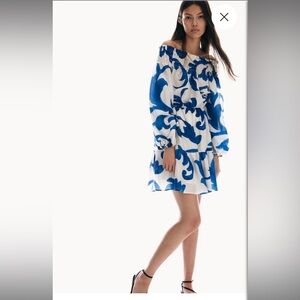 H&M Mini Blue and White Off-Shoulder Dress New Without Tags